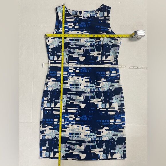 Blue & White Geometric Sleeveless Dress Womens Size 12 Wedding Guest Work Dress - Picture 8 of 15